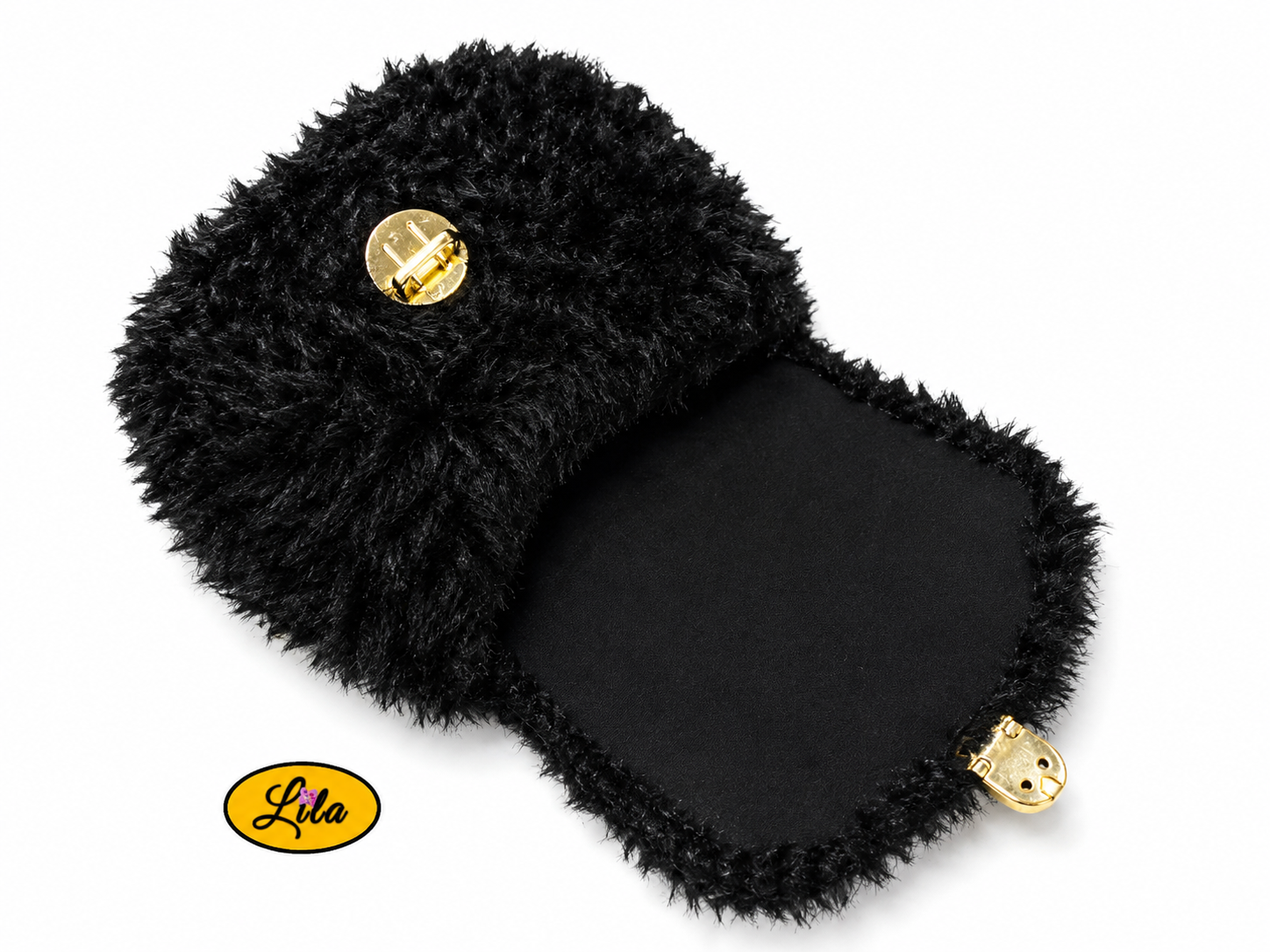 Petit sac à main effet fausse fourrure noire ouvert sur fond blanc avec doublure noire et fermeture visible