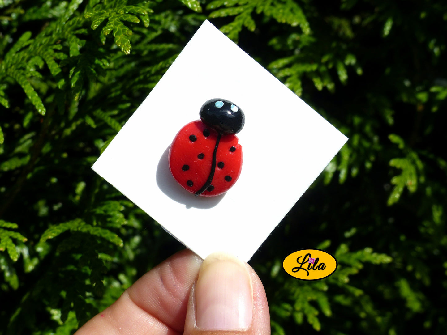 Pin’s coccinelle réalisé en pâte polymère sur carton de présentation blanc photographié devant une haie style kawaii et artisanal
