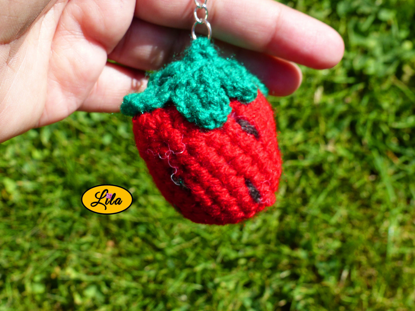 Porte-clé fraise amigurumi rouge avec points noirs et queue vert foncé tenu dans une main devant une pelouse style artisanal et mignon