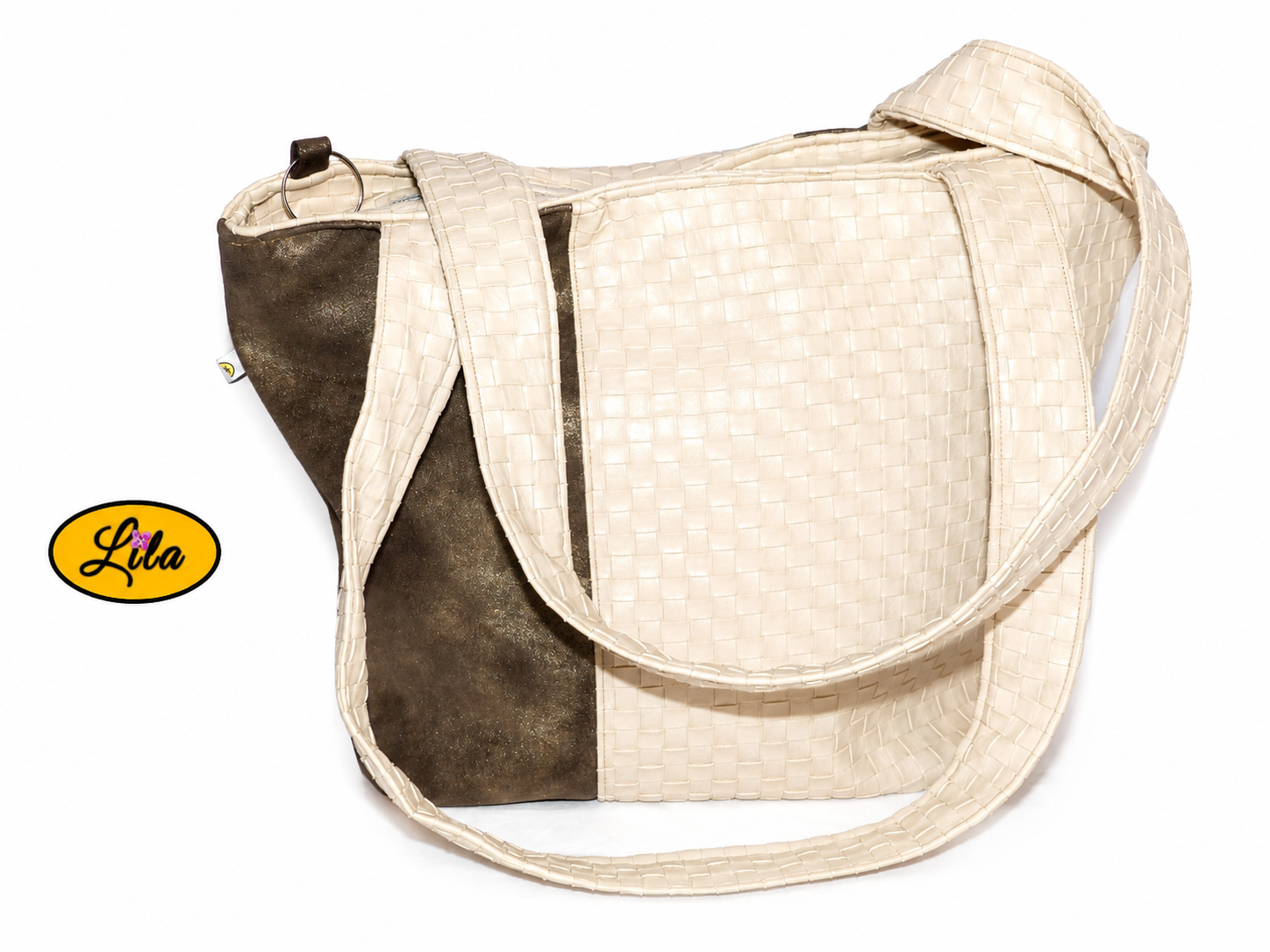 Sac 4 saisons en simili cuir blanc crème texturé et brun doré sur fond blanc style élégant et intemporel