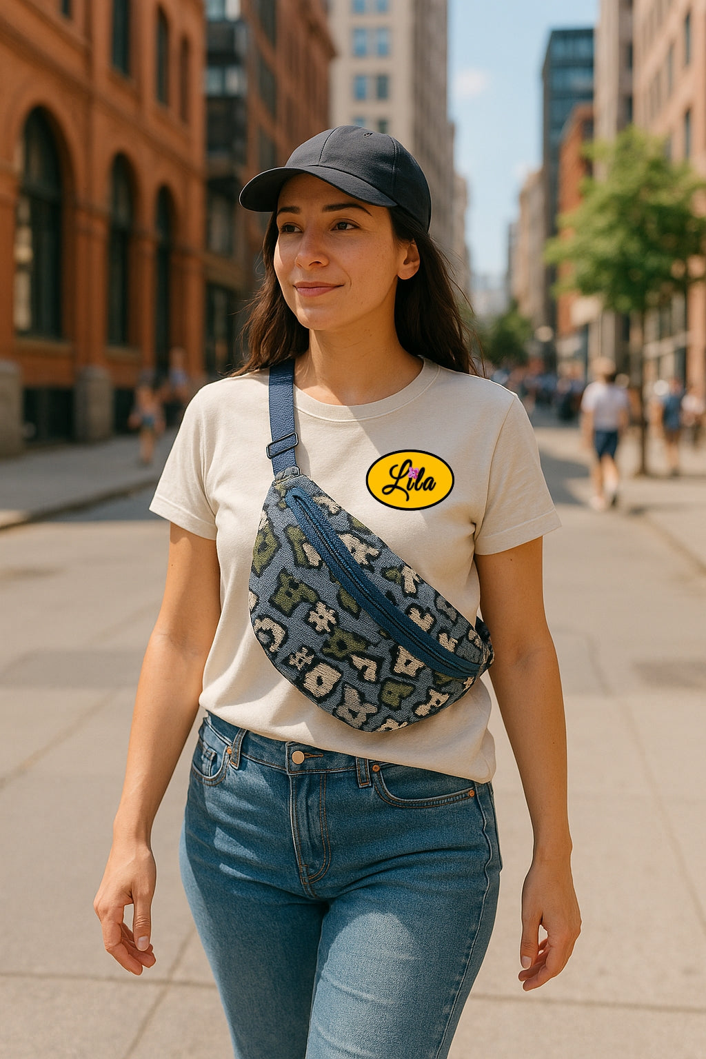 Jeune fille portant un sac banane en tissu bleu imprimé urbain avec jeans, t-shirt blanc et casquette noire se promenant dans les rues d’une ville style streetwear et tendance