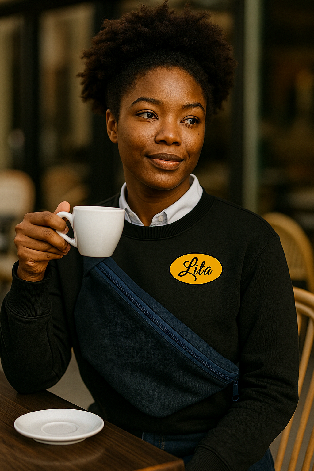 Jeune femme noire vêtue de noir portant un sac banane en jeans foncé assise en terrasse en train de boire un café style urbain et tendance