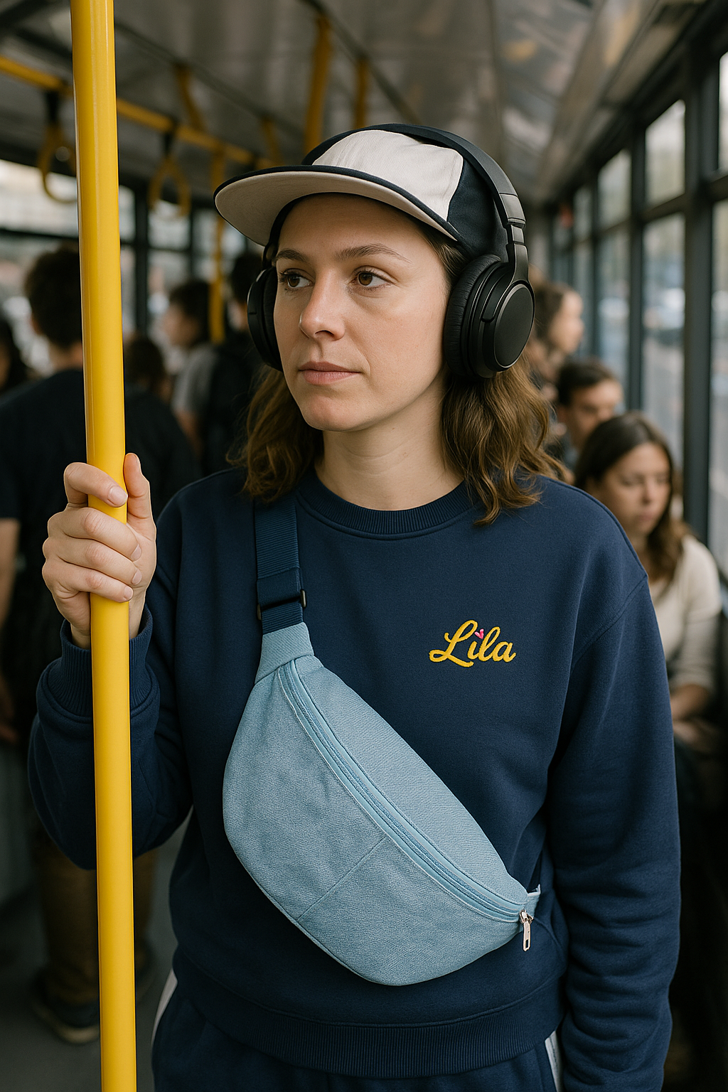 Jeune fille portant un sac banane en jeans recyclé avec training, casquette et écouteurs debout dans un bus style streetwear et urbain