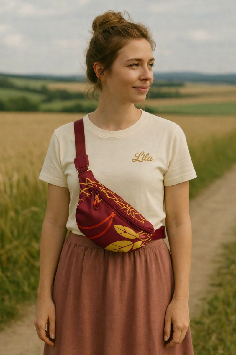 Sac banane rouge fleuri avec sangle bordeaux et fermeture éclair bordeaux porté par une jeune fille aux cheveux en chignon décoiffé vêtue d’un haut crème et d’une jupe brune dans un chemin de campagne style bohème romantique et vintage
