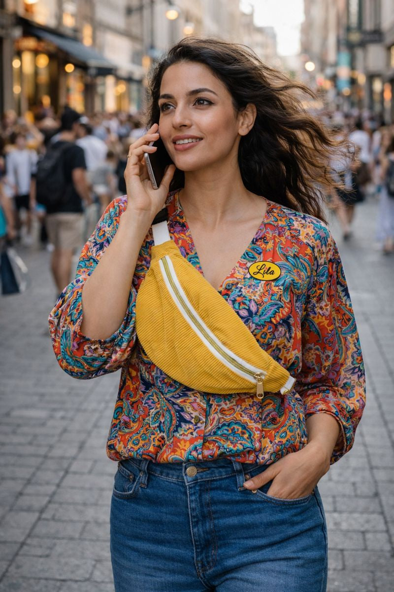 Sac banane en velours côtelé jaune avec sangle blanche porté par une jeune fille aux cheveux dans le vent vêtue d’un jeans et d’une blouse fleurie dans une rue de centre-ville style vintage moderne et urbain