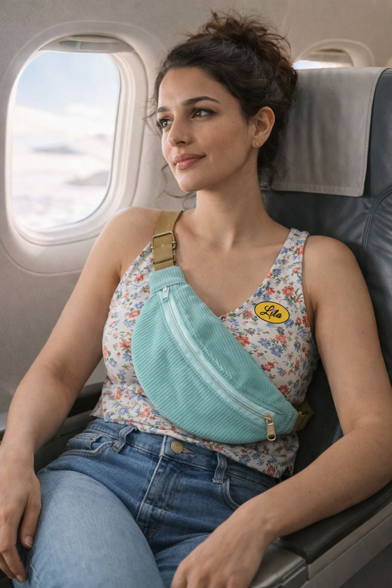 Sac banane en velours côtelé vert menthe avec sangle assortie et anse couleur sable porté par une jeune fille assise dans un avion près du hublot vêtue d’un singlet et d’un jeans style voyage et tendance
