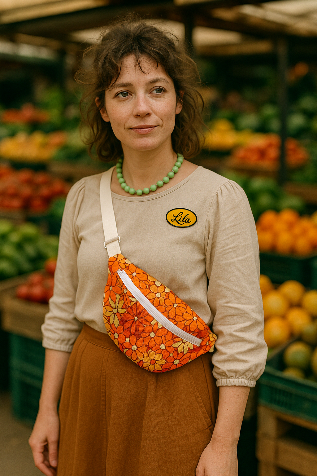 Jeune femme d’une trentaine d’années portant un sac banane vintage fleuri orange avec sweat crème et jupe brune devant un stand de marché de fruits et légumes style bohème et tendance
