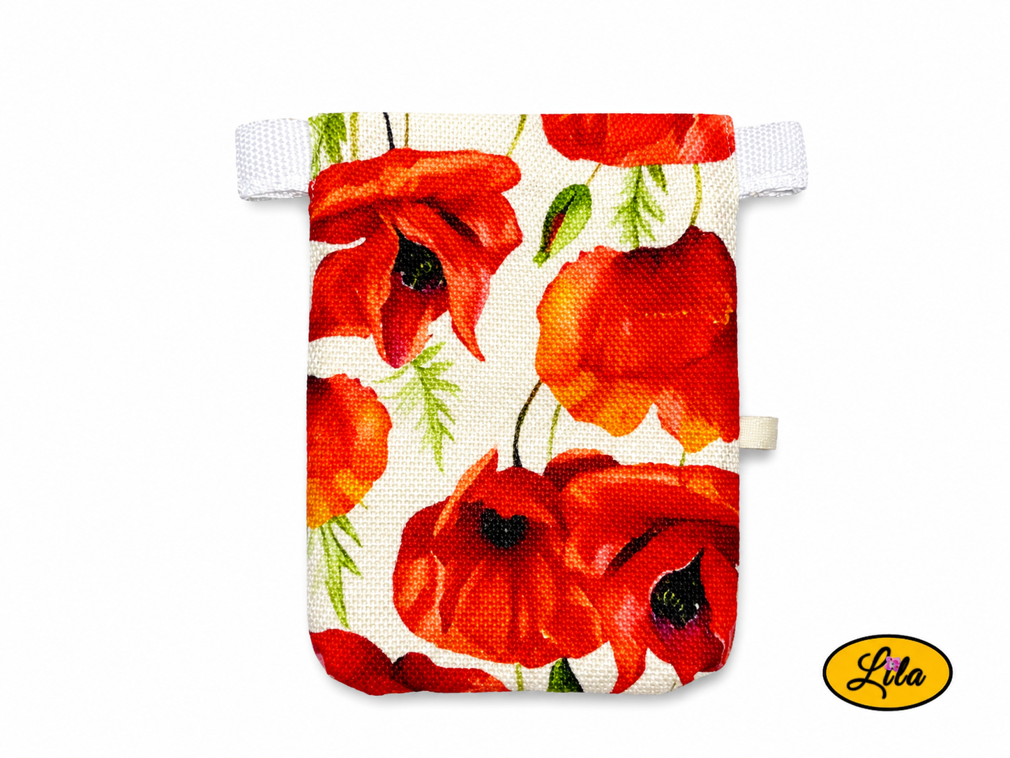Vue arrière en gros plan d'un sac bandoulière pour téléphone en tissu à motifs de coquelicots sans les sangles sur fond blanc mettant en valeur les finitions artisanales
