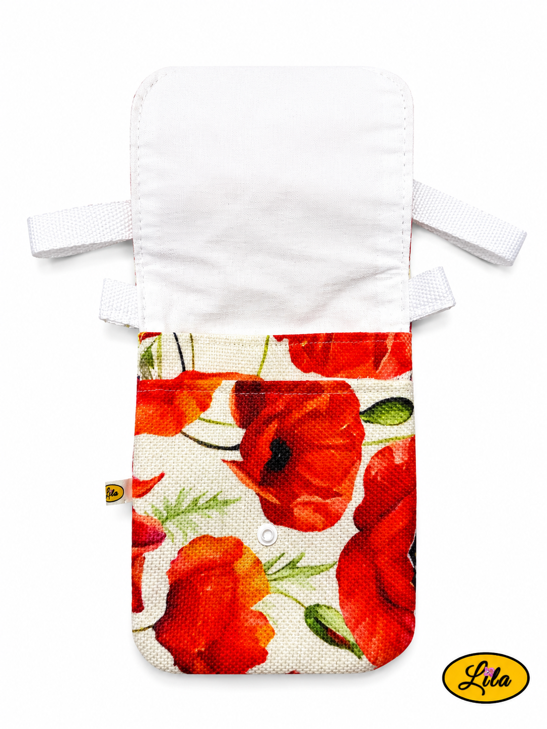 Sac bandoulière pour téléphone ouvert en tissu à motifs de coquelicots avec doublure blanche visible et deux compartiments de rangement sur fond blanc