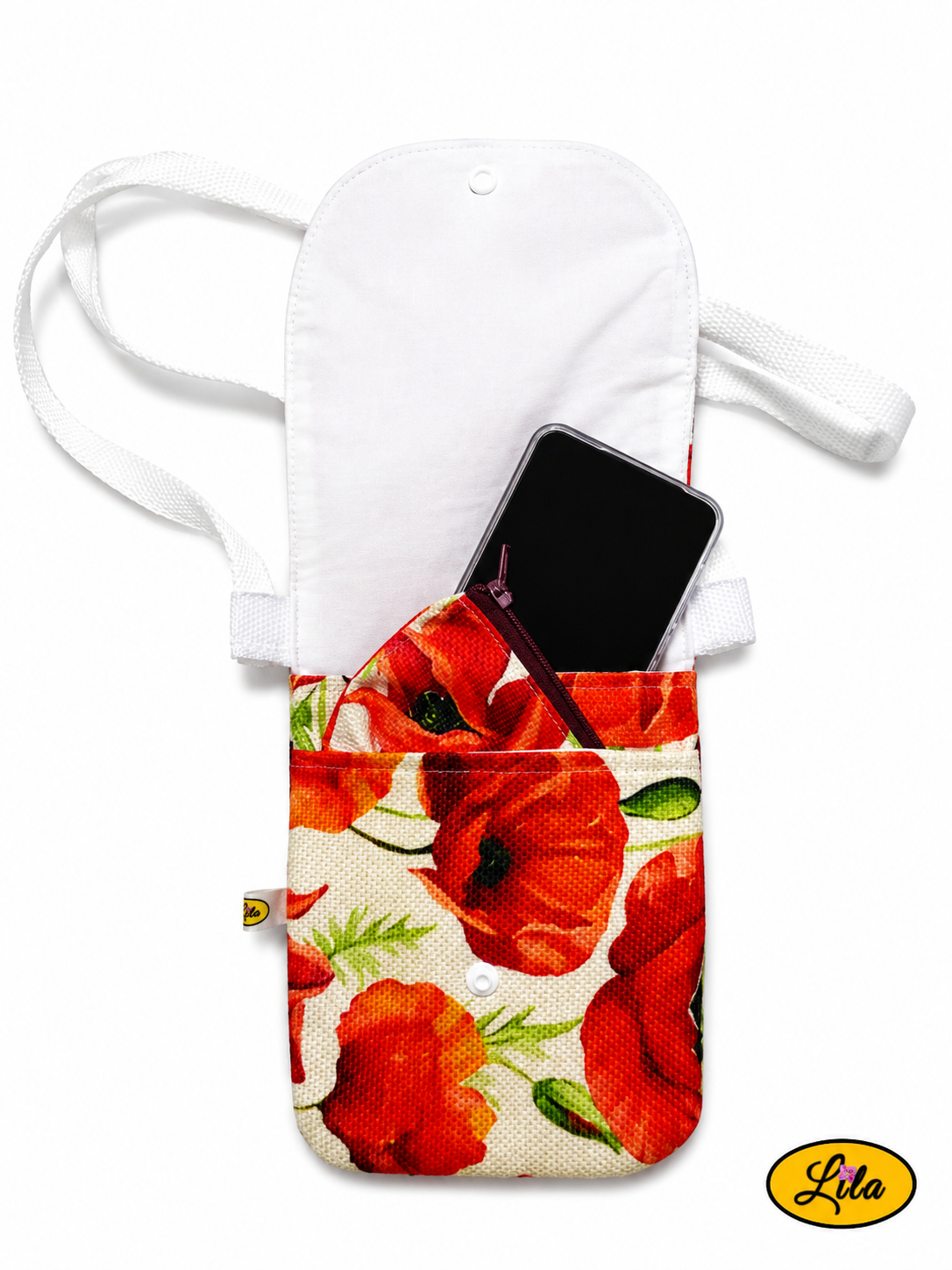 Sac bandoulière pour téléphone ouvert avec téléphone portable rangé dans la poche arrière et porte-monnaie dans la poche avant mettant en valeur les deux compartiments pratiques