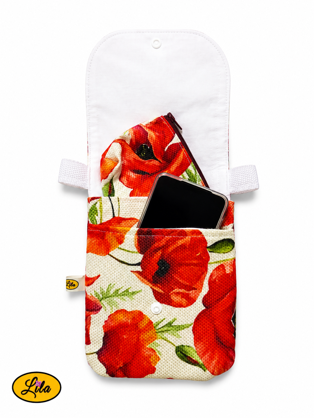 Sac bandoulière pour téléphone ouvert avec téléphone portable dans la poche avant et porte-monnaie dans la poche arrière illustrant les différentes possibilités de rangement