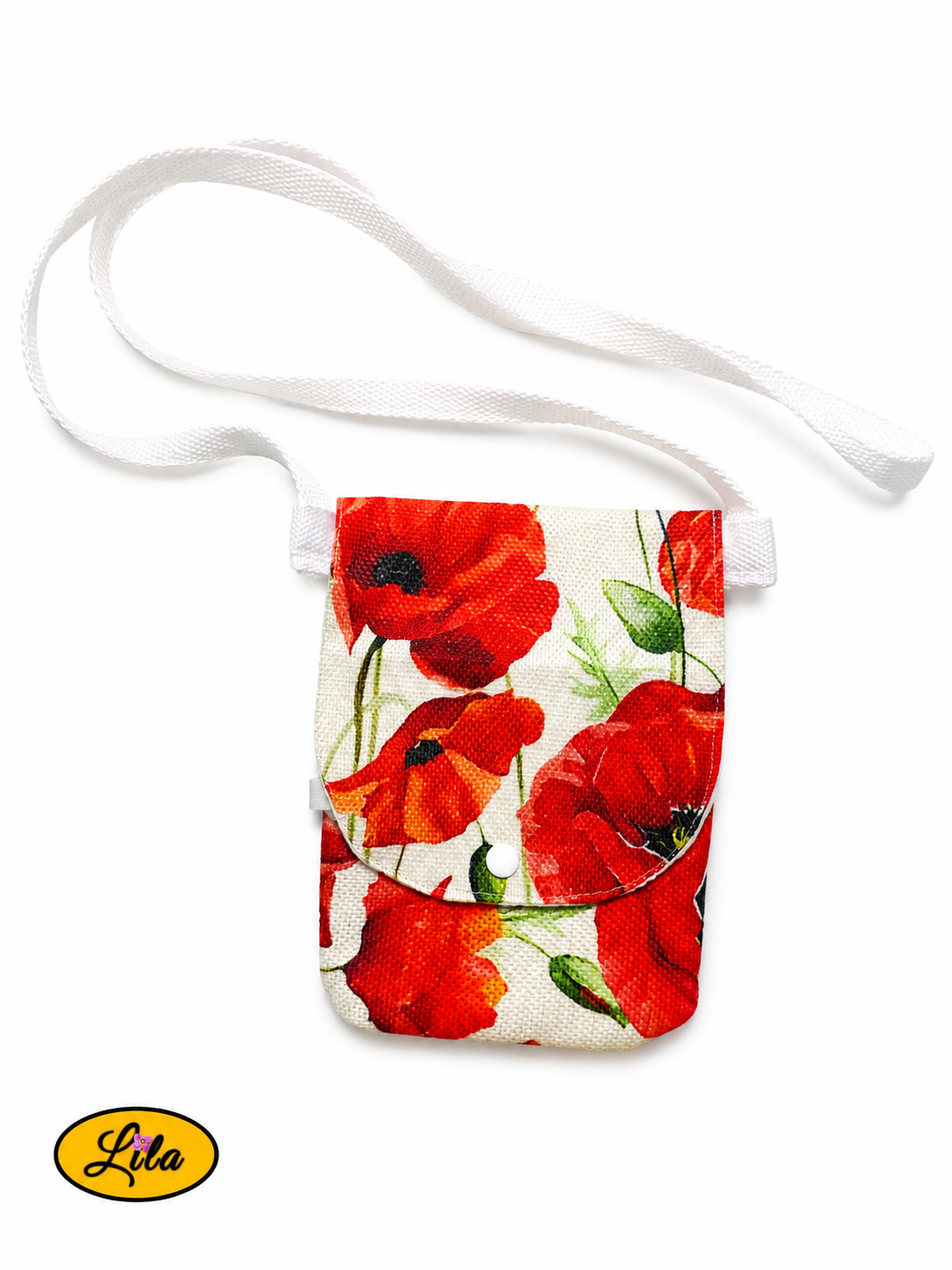 Sac bandoulière pour téléphone en tissu à motifs de coquelicots vu de haut sur fond blanc avec fermeture à pression blanche et sangle blanche style artisanal et pratique