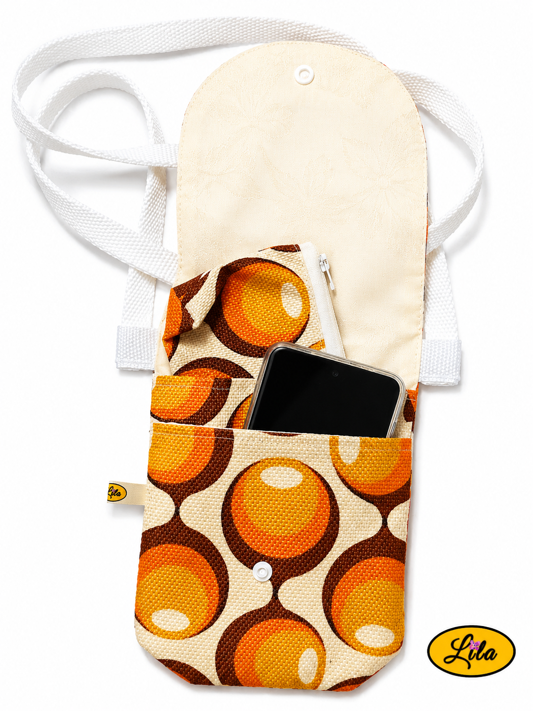 Sac bandoulière pour téléphone ouvert montrant ses deux compartiments avec GSM dans la pochette avant et porte-monnaie dans la pochette arrière