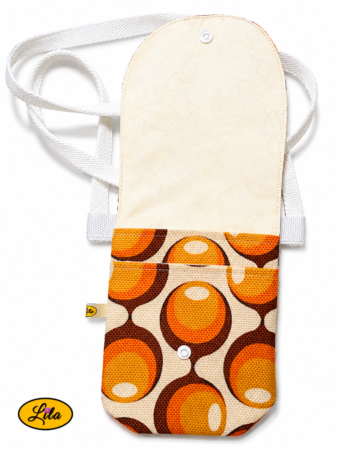 Sac bandoulière pour téléphone ouvert avec doublure blanc crème et deux compartiments intérieurs, motifs vintage orange et brun