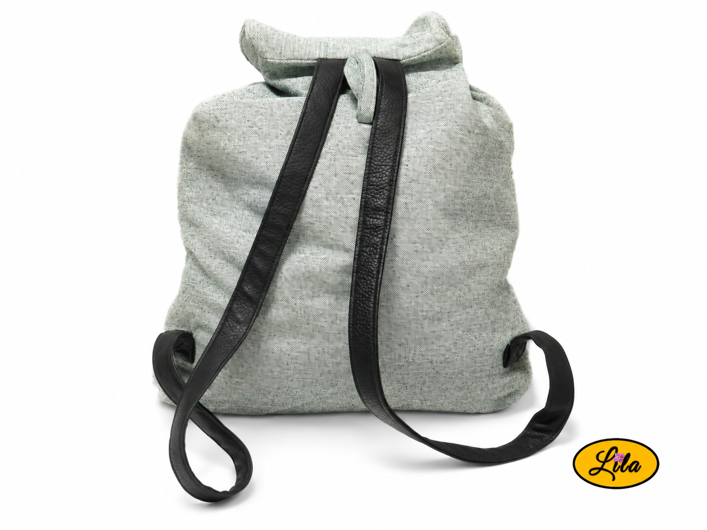Sac à dos vert avec sangles en simili cuir noir vue de dos sur fond blanc