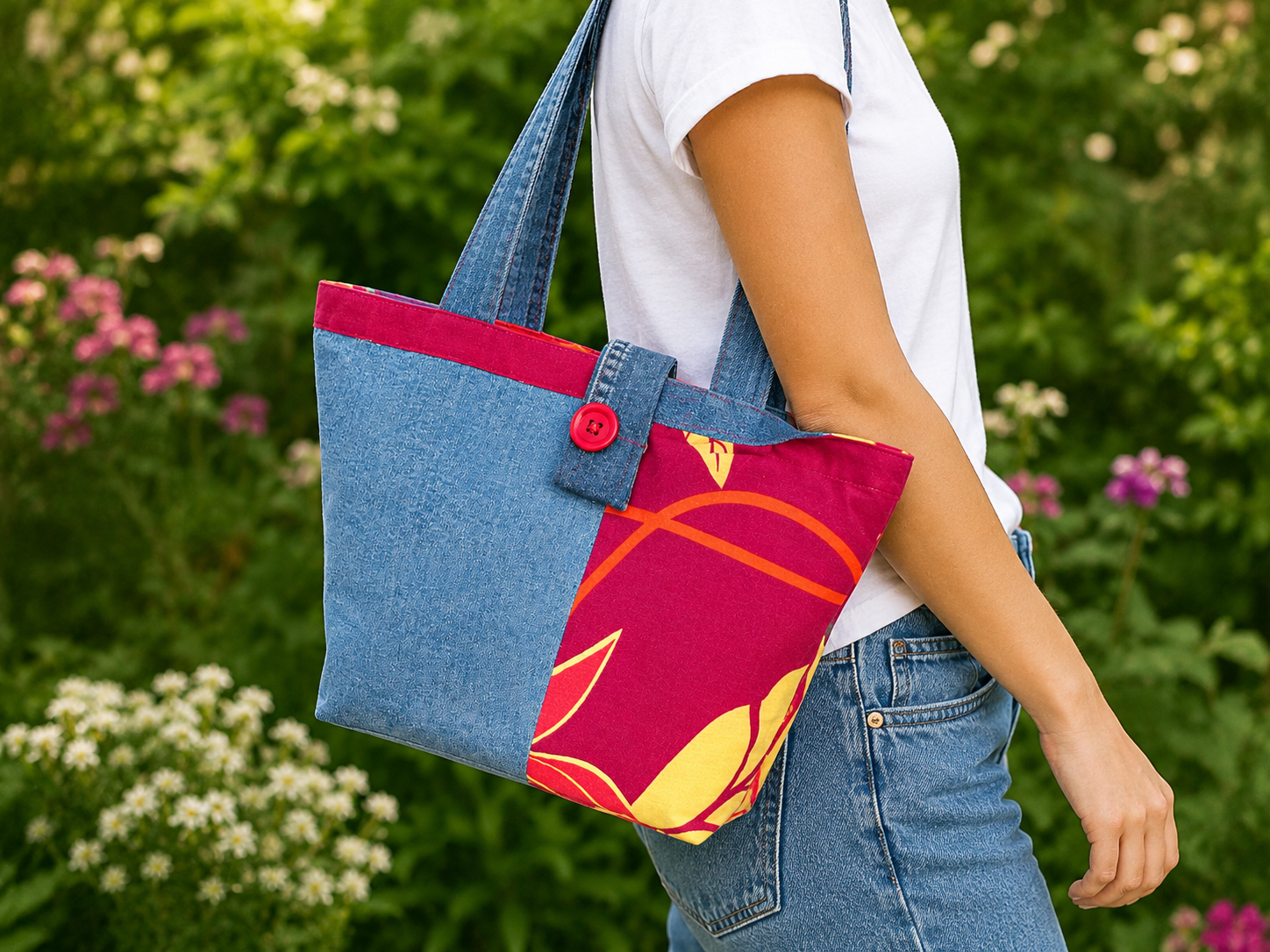 Sac épaule en jeans et tissu rouge fleuri porté à l’épaule par un mannequin en jeans et t-shirt blanc en extérieur photo cadrée sur le sac style bohème et tendance