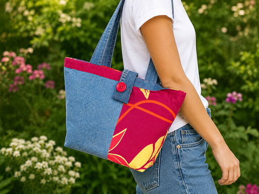 Sac épaule en jeans et tissu rouge fleuri porté à l’épaule par un mannequin en jeans et t-shirt blanc en extérieur photo cadrée sur le sac style bohème et tendance
