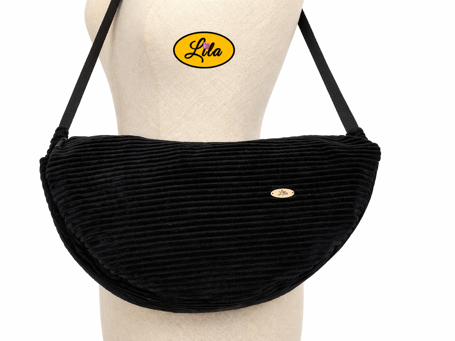 Sac Luna velours côtelé noir porté zoom sur le sac et ses détails