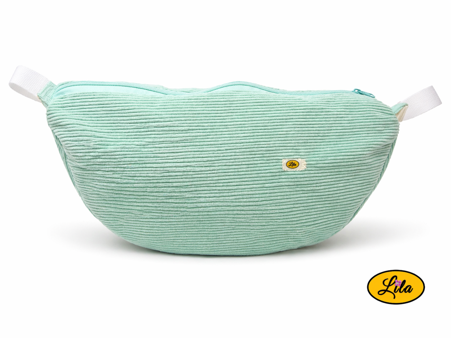 Sac Luna en velours côtelé vert menthe avec anse blanche posé droit vue complète
