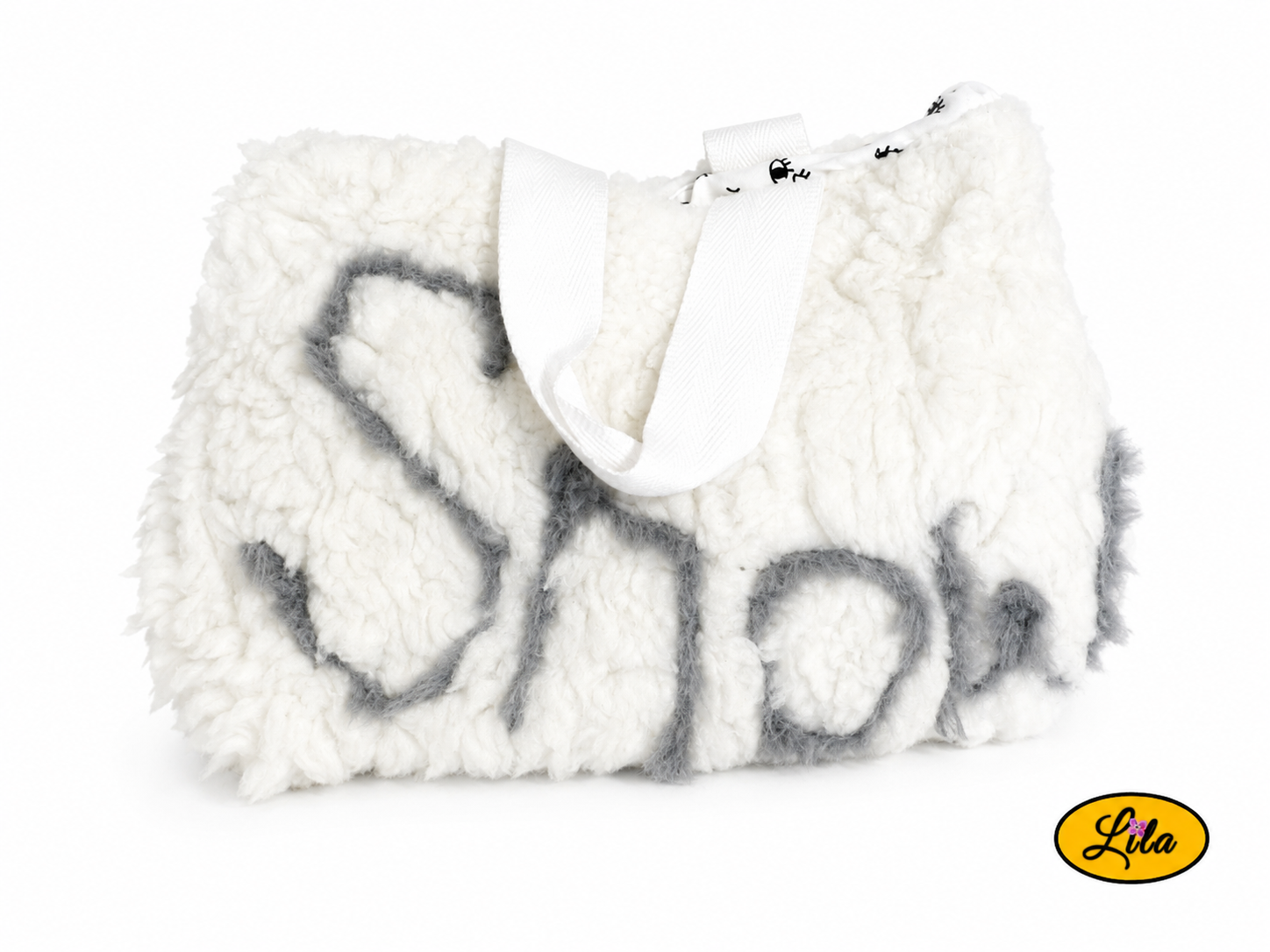 Sac à main en fausse fourrure blanche avec inscription SNOW en laine grise vue de face sur fond blanc avec sangle posée sur le dessus