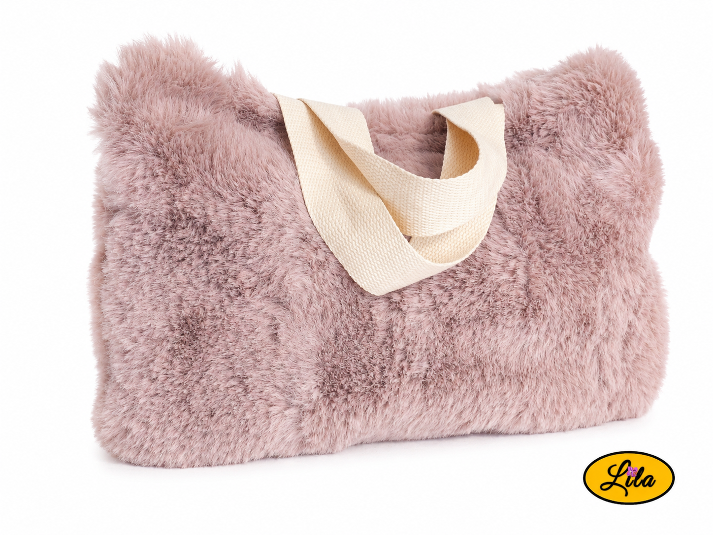 Sac à main en fausse fourrure vieux rose avec anse en coton blanc crème vue de face sur fond blanc avec sangle posée sur le sac