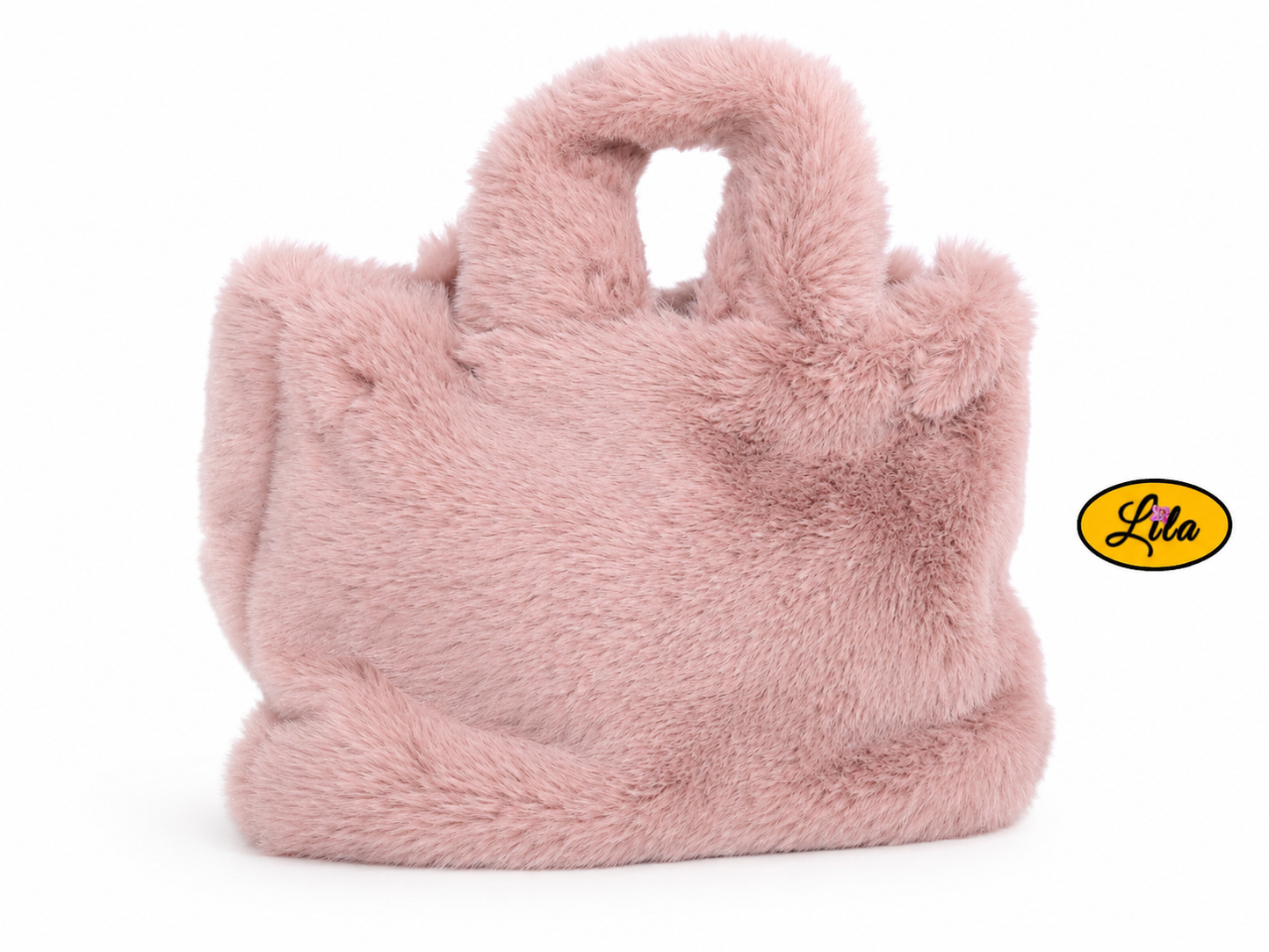 Sac à main entièrement en fausse fourrure vieux rose vue de dos sur fond blanc avec sangle relevée sur le haut du sac