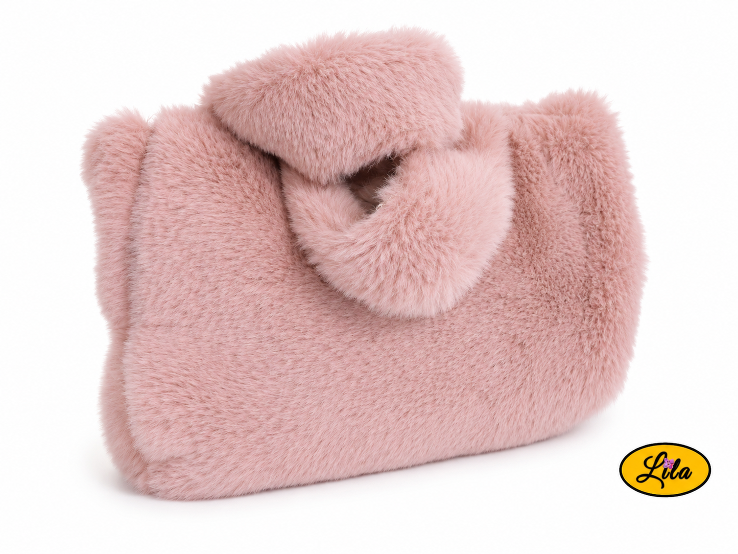 Sac à main entièrement en fausse fourrure vieux rose vue de face sur fond blanc avec sangle posée sur le sac