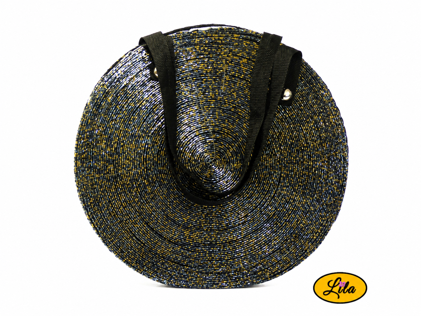 Sac à main réalisé à partir de sets de table ronds pailletés sur fond blanc style original et brillant