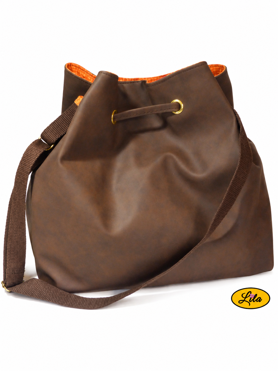 Sac seau en simili cuir brun foncé vu de dos sur fond blanc avec sangle bandoulière brune visible, mettant en valeur la forme et les finitions du sac
