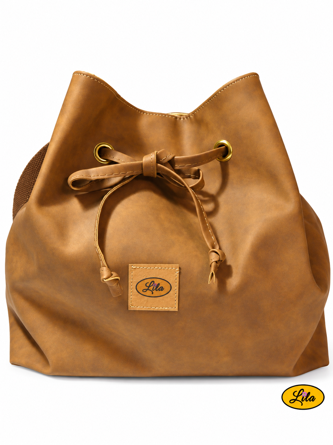 Sac seau en simili cuir brun doublé d'une ancienne tenture jaune à motifs imprimés, vu de face sur fond blanc avec lien coulissant formant un nœud, fermeture à pression et sangle bandoulière brune