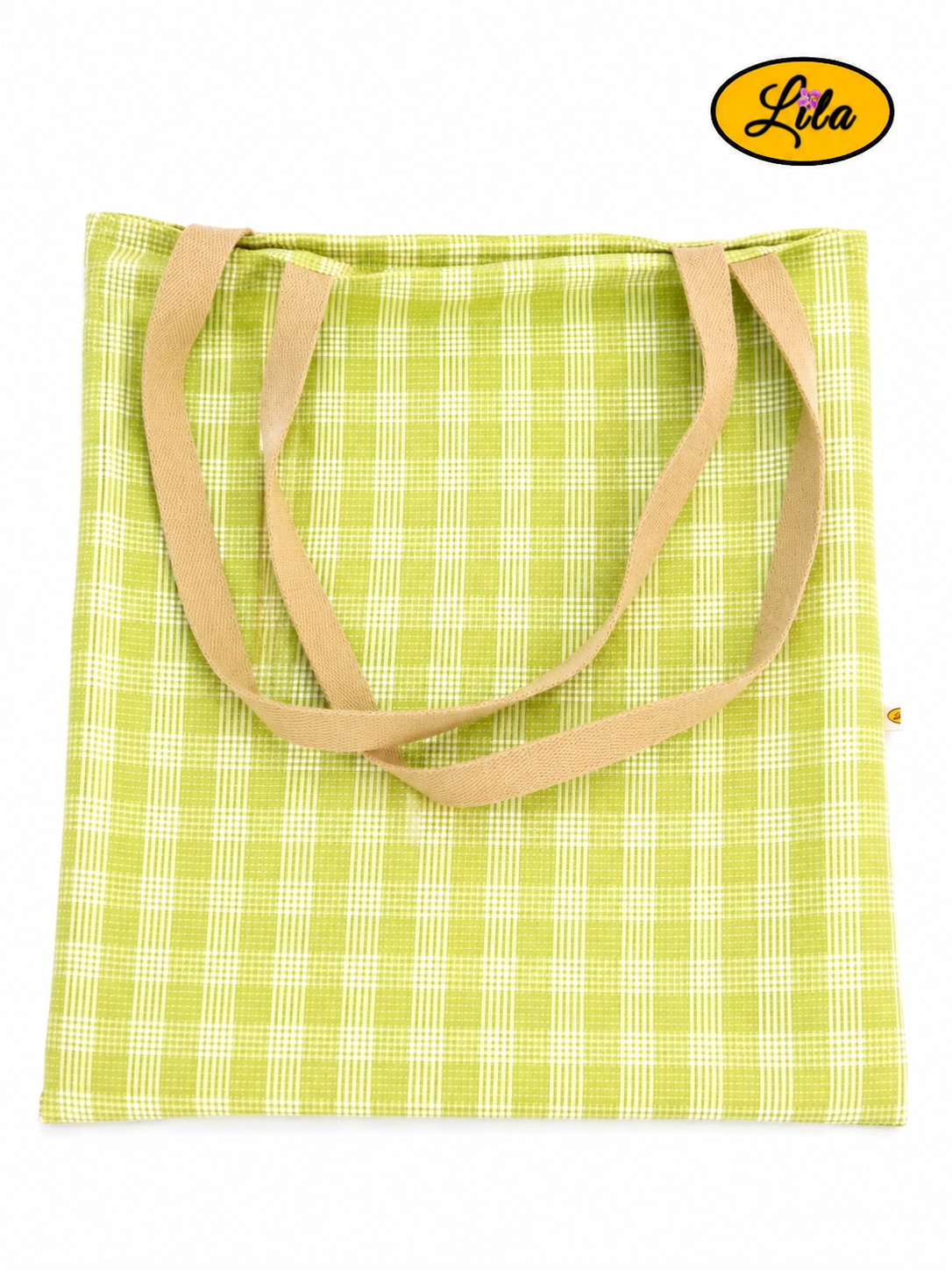 Tote bag à carreaux verts et blancs style vintage vu de dos en vue de haut sur fond blanc avec les sangles brun crème posées sur le sac style champêtre et artisanal