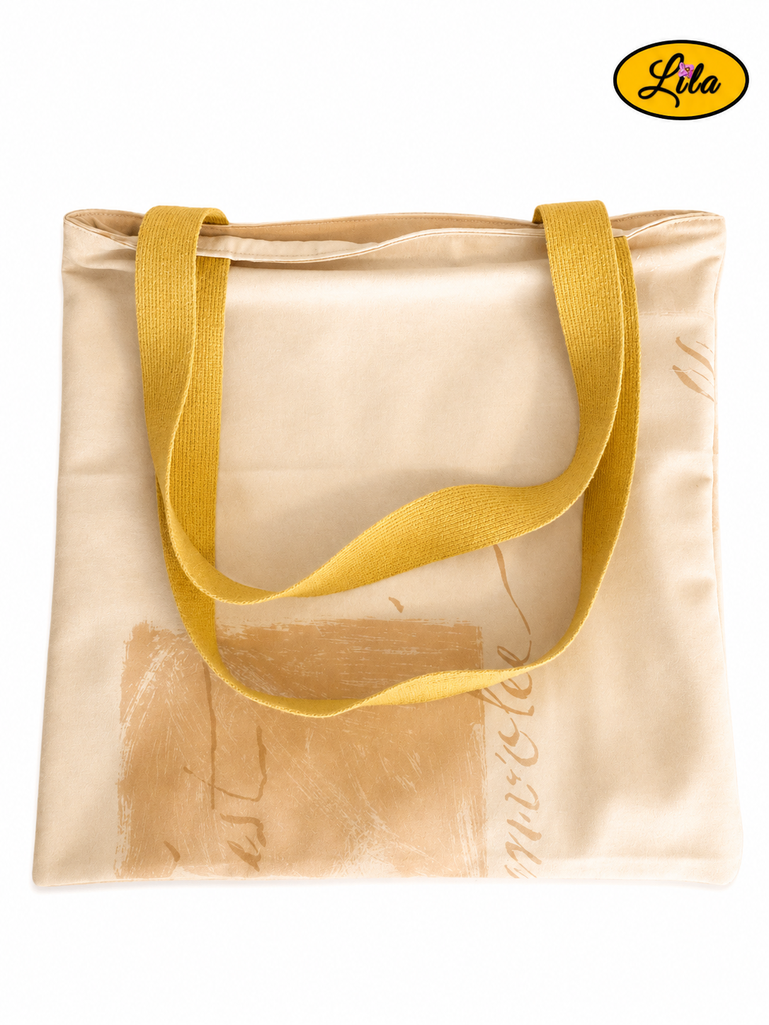 Tote bag jaune vu de dos en vue de haut sur fond blanc avec sangle jaune recyclée posée sur le sac style artisanal et durable