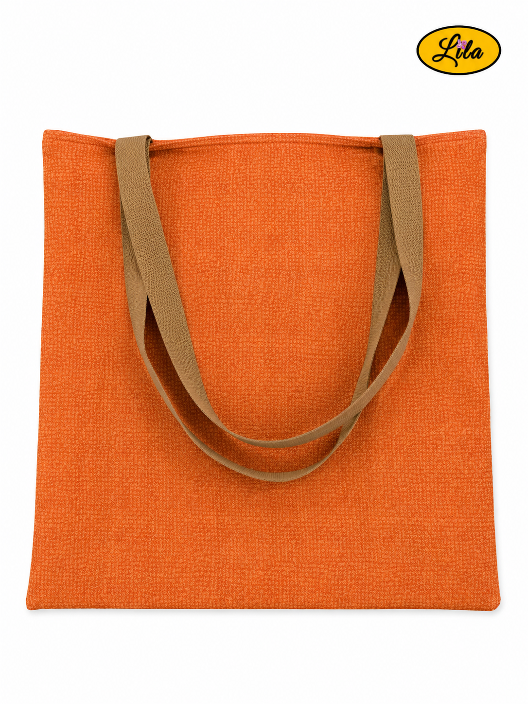 Tote bag orangé vu de dos en vue de haut sur fond blanc avec les sangles couleur sable posées sur le sac style artisanal et élégant