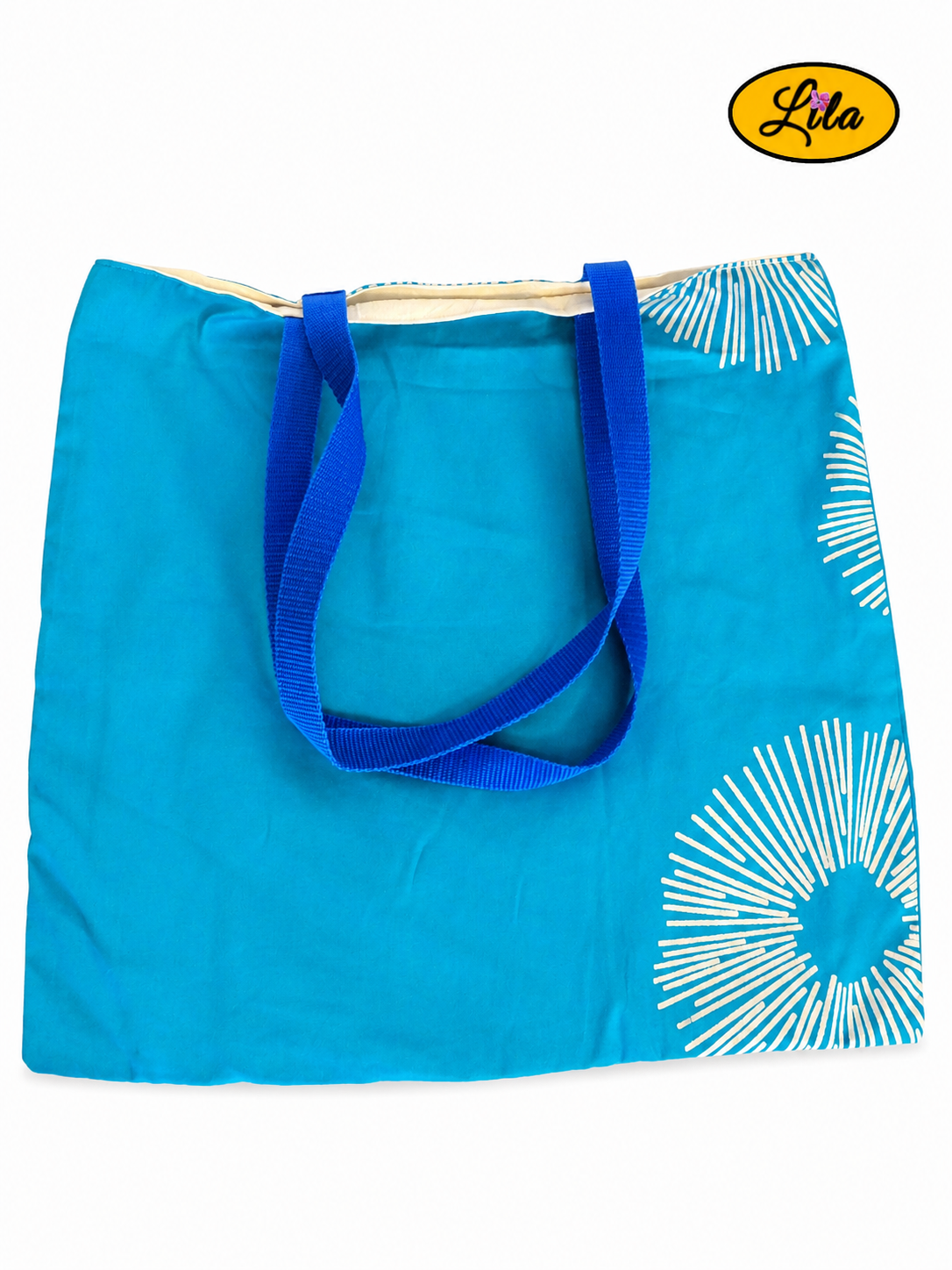 Tote bag bleu turquoise vu de dos en vue de haut sur fond blanc avec les sangles posées sur le sac style moderne et artisanal