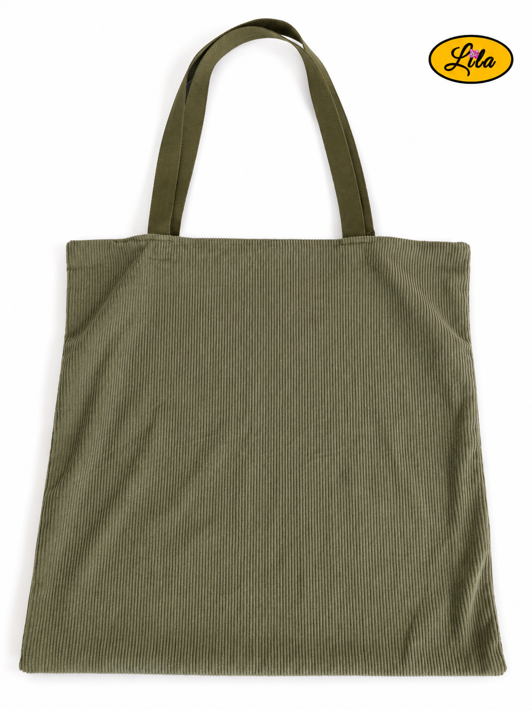 Tote bag en velours côtelé kaki vu à plat de haut sur fond blanc avec sangles kaki placées au-dessus du sac style naturel et artisanal